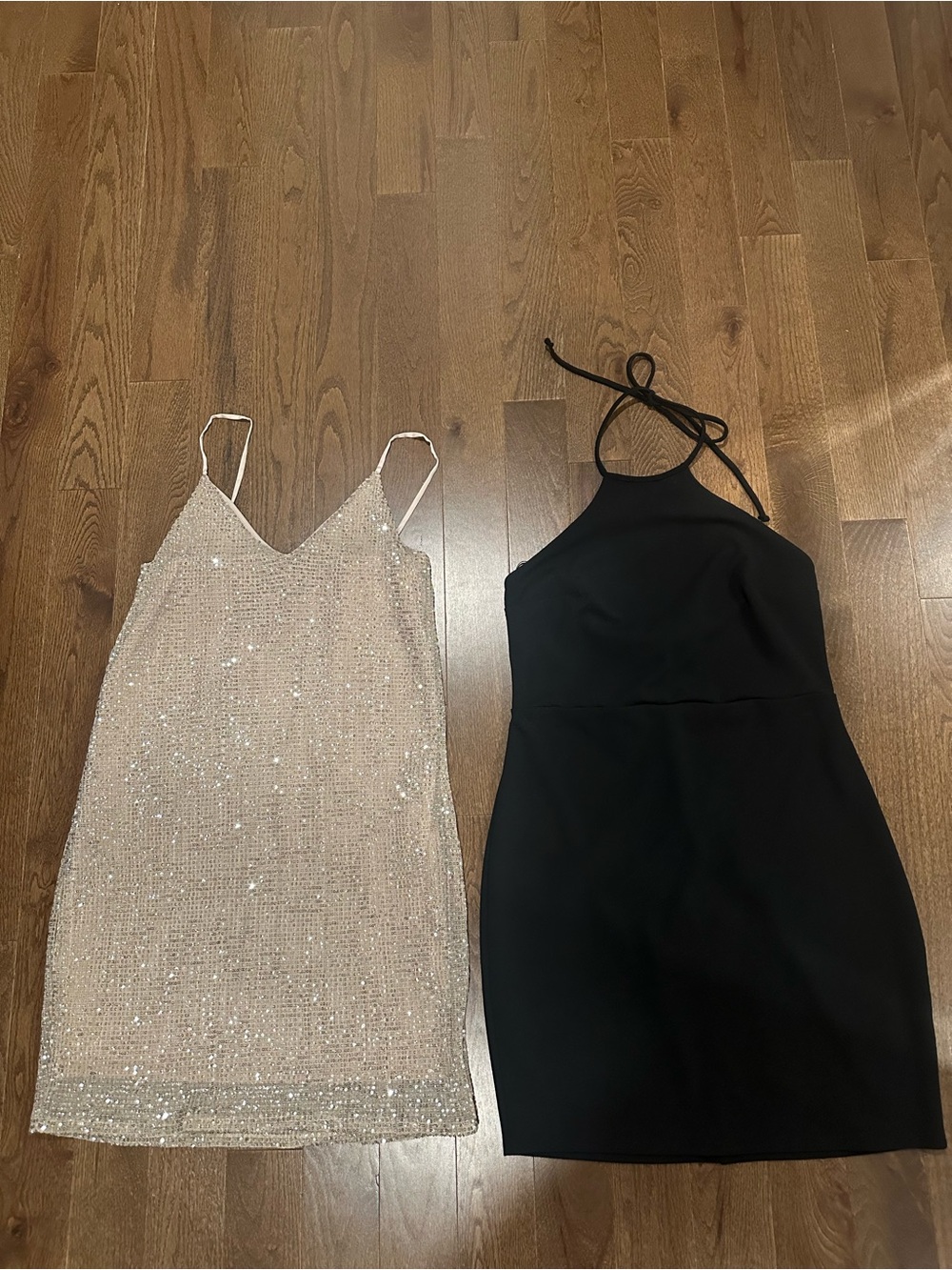 Express Black Halter Mini Dress & Sequin Champagne Slip